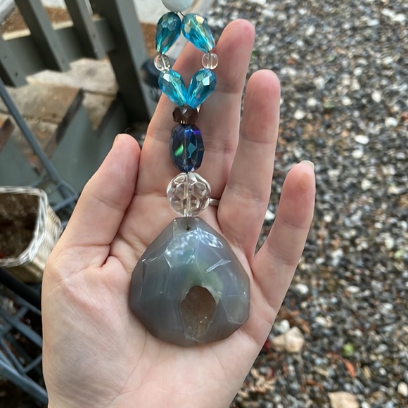 Handmade Wired Geode Suncatcher w New & Upcycled Beads Blue Colour Scheme - Picture 3 of 6